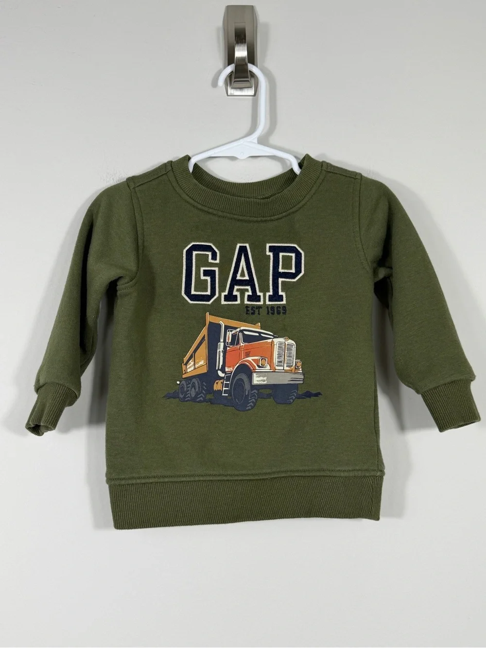 GAP Kids Toddler Boys Dump Truck Fleece Sweatshirt Olive Green 18M